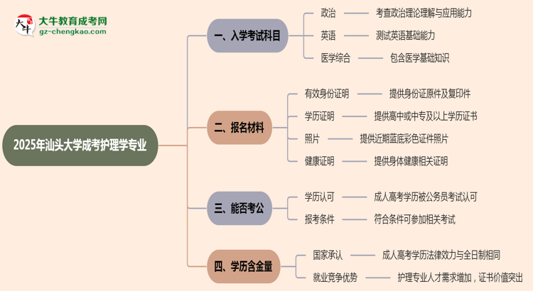 2025年汕頭大學(xué)成考護理學(xué)專業(yè)入學(xué)考試科目有哪些？思維導(dǎo)圖