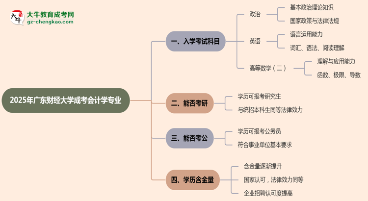 2025年廣東財經(jīng)大學成考會計學專業(yè)入學考試科目有哪些？思維導(dǎo)圖