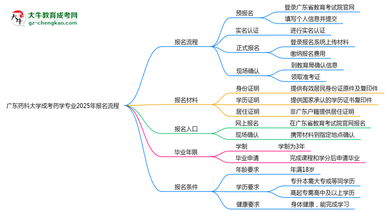 廣東藥科大學成考藥學專業(yè)2025年報名流程思維導圖