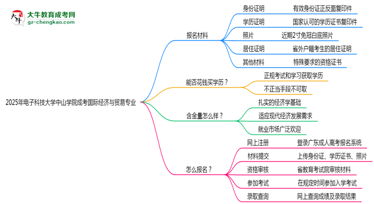 2025年電子科技大學(xué)中山學(xué)院成考國(guó)際經(jīng)濟(jì)與貿(mào)易專業(yè)報(bào)名材料需要什么？思維導(dǎo)圖