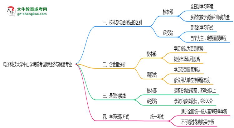 電子科技大學(xué)中山學(xué)院2025年成考國際經(jīng)濟與貿(mào)易專業(yè)校本部和函授站哪個更好？思維導(dǎo)圖