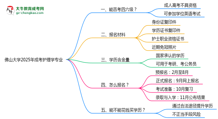 佛山大學(xué)2025年成考護(hù)理學(xué)專(zhuān)業(yè)生可不可以考四六級(jí)？思維導(dǎo)圖