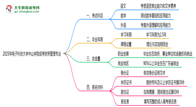 2025年電子科技大學(xué)中山學(xué)院成考財(cái)務(wù)管理專業(yè)入學(xué)考試科目有哪些？思維導(dǎo)圖