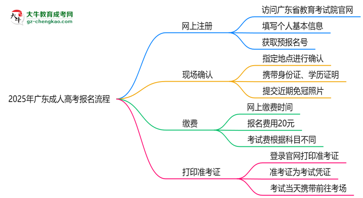 2025年廣東成人高考報名流程：從注冊到繳費(fèi)全指南思維導(dǎo)圖