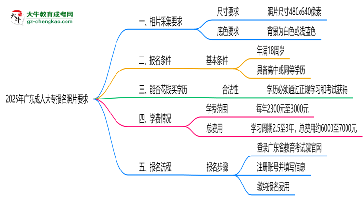 2025年廣東成人大專報(bào)名照片要求:尺寸+底色思維導(dǎo)圖