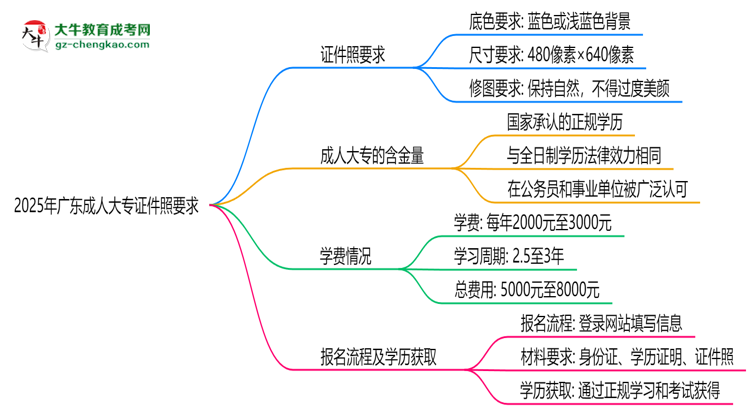 2025年廣東成人大專證件照要求:藍(lán)底/尺寸/修圖思維導(dǎo)圖
