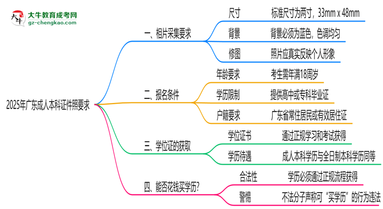2025年廣東成人本科證件照要求:藍(lán)底/尺寸/修圖思維導(dǎo)圖