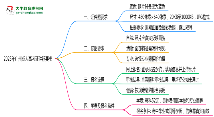 2025年廣州成人高考證件照要求:藍(lán)底/尺寸/修圖思維導(dǎo)圖