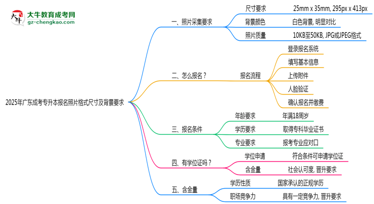 2025年廣東成考專升本報(bào)名照片格式尺寸及背景要求思維導(dǎo)圖