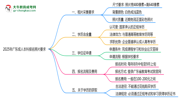 2025年廣東成人本科報(bào)名照片格式尺寸及背景要求思維導(dǎo)圖