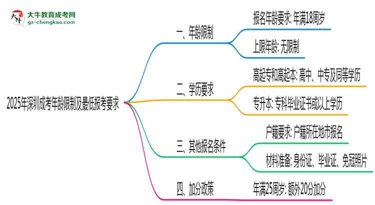 2025年深圳成考年齡限制及最低報(bào)考要求說(shuō)明思維導(dǎo)圖