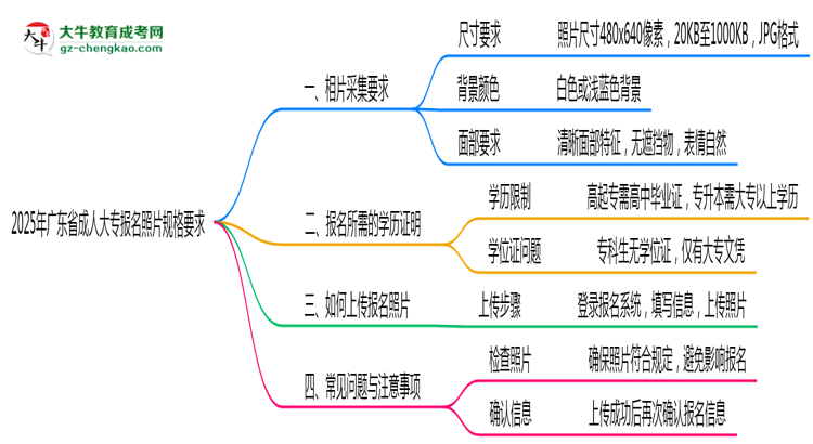 2025年廣東成人大專報(bào)名照片規(guī)格最新要求思維導(dǎo)圖