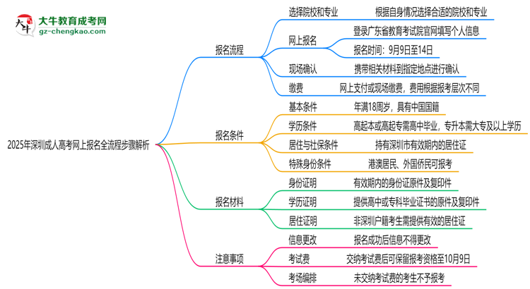 2025年深圳成人高考網(wǎng)上報名全流程步驟解析思維導(dǎo)圖